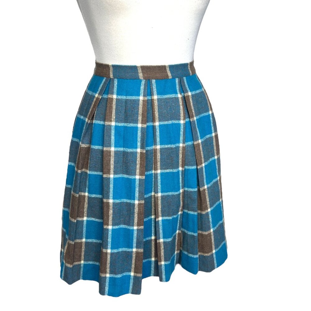 1970's Handmade Plaid Skirt Midi A-Line Pleated Barbiecore Blue and Brown Wool - Picture 10 of 10